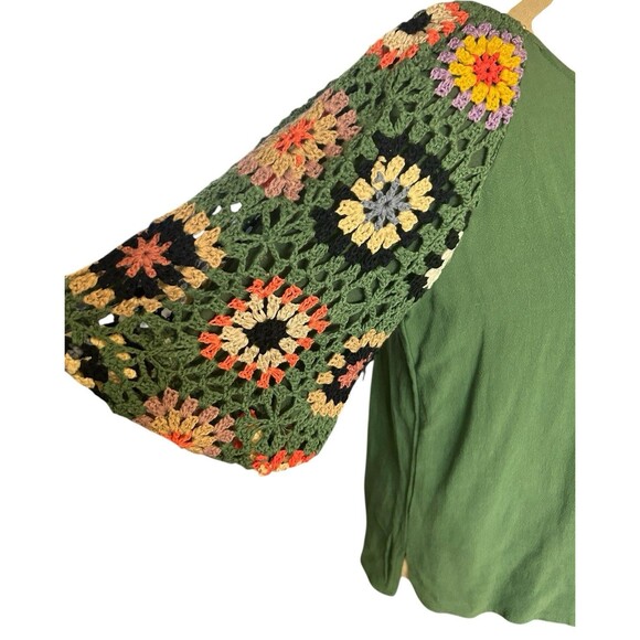 UMGEE Crocheted Green Lined Sleeves Linen Cotton Flutter Short Sleeves Top Sz S - Picture 7 of 11
